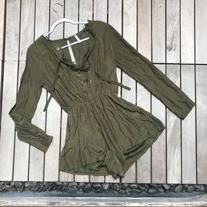 SAGE Green Tie Up V Neck Long Sleeve Romper
